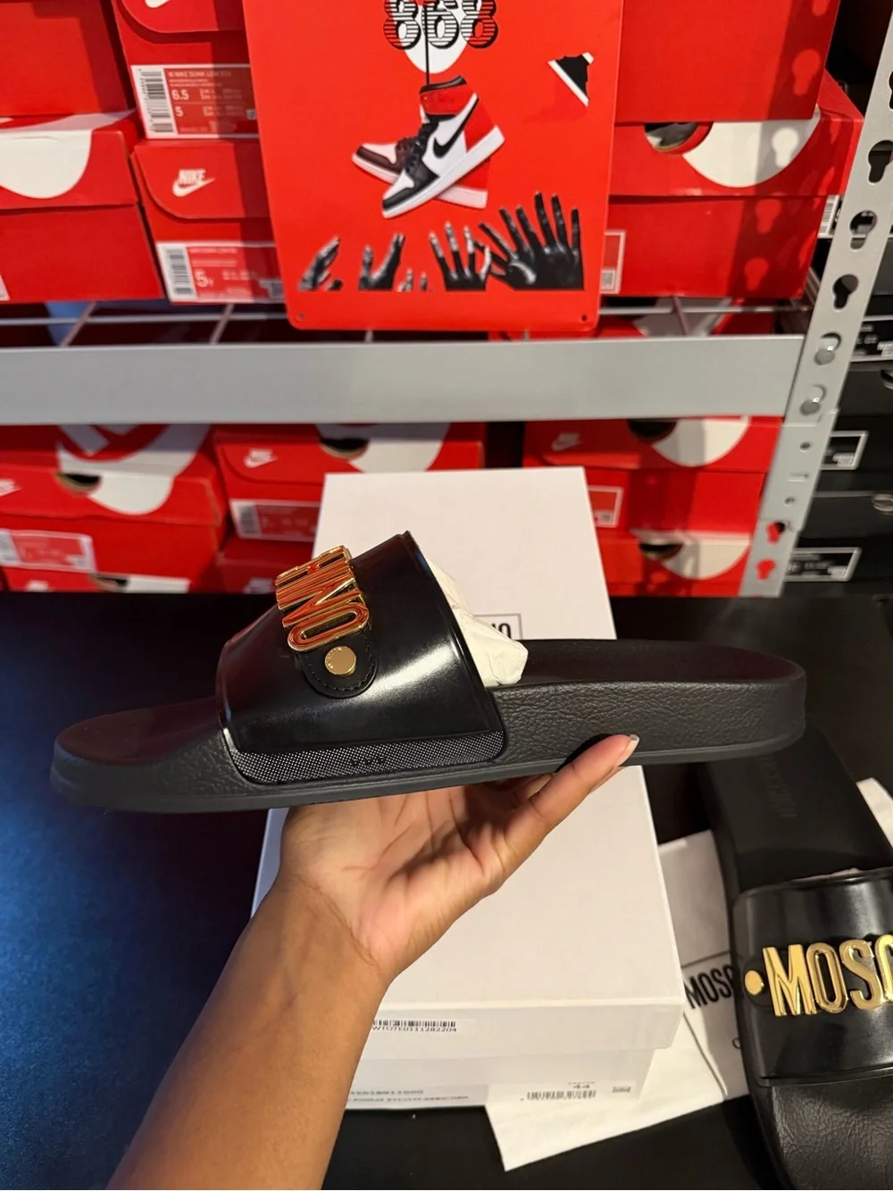 Moschino Black Slides with Gold Logo Plaque
